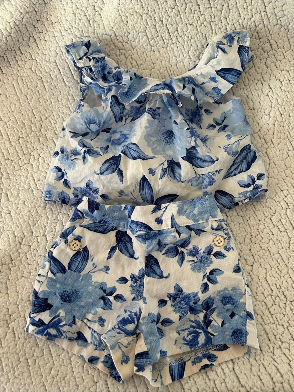 Blue Floral Two-Piece Crop Top and Shorts Set